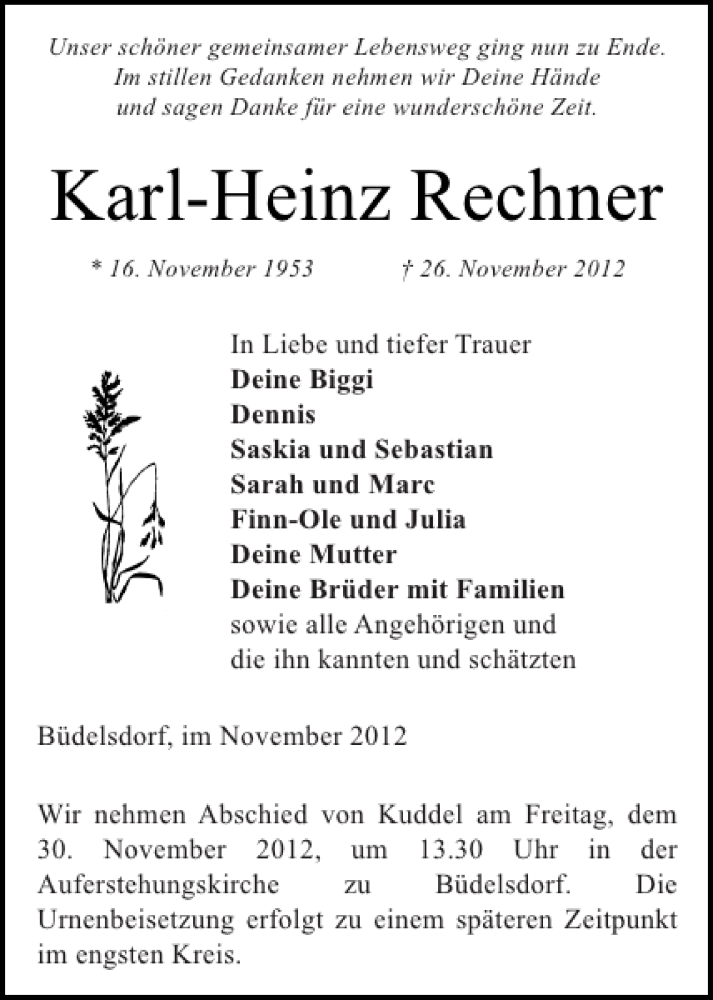  Traueranzeige für Karl-Heinz Rechner vom 29.11.2012 aus Landeszeitung