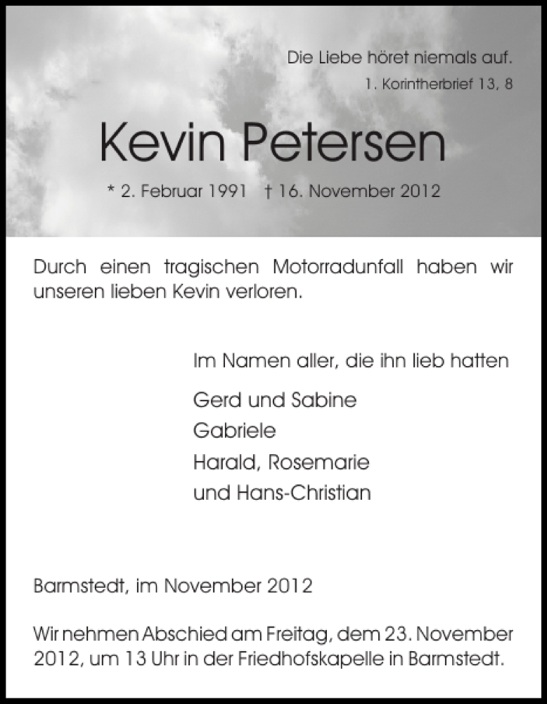  Traueranzeige für Kevin Petersen vom 21.11.2012 aus Elmshorner Nachrichten