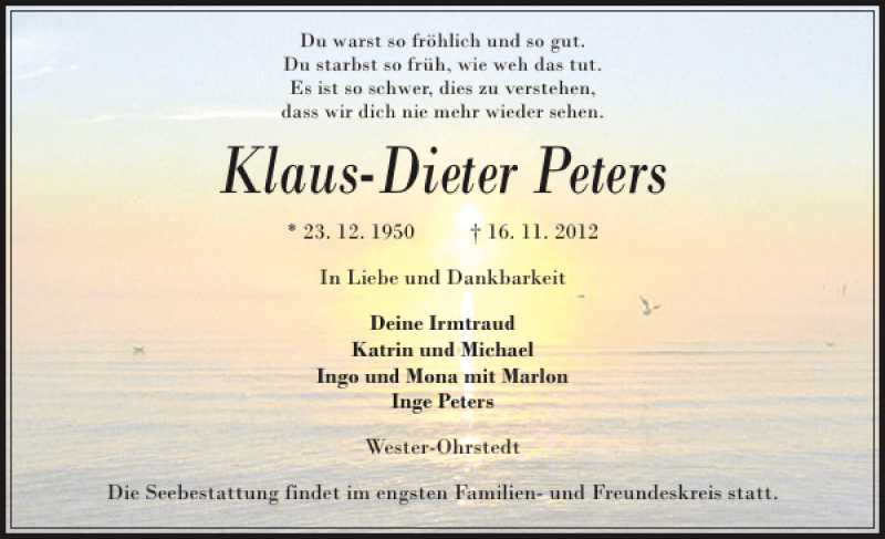  Traueranzeige für Klaus-Dieter Peters vom 20.11.2012 aus Husumer Nachrichten