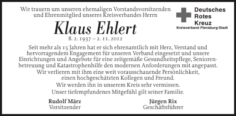  Traueranzeige für Klaus Ehlert vom 06.11.2012 aus Flensburger Tageblatt