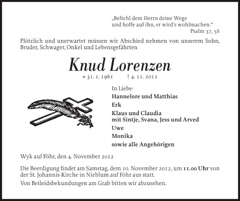  Traueranzeige für Knud Lorenzen vom 06.11.2012 aus Der Insel-Bote
