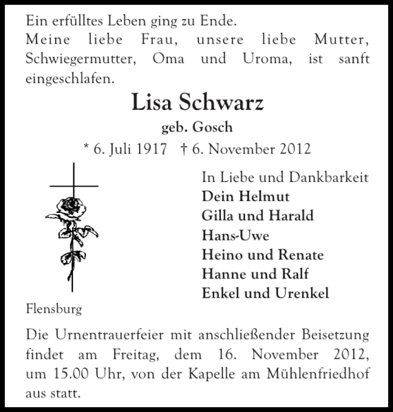 Traueranzeige für Lisa Schwarz vom 10.11.2012 aus Flensburger Tageblatt