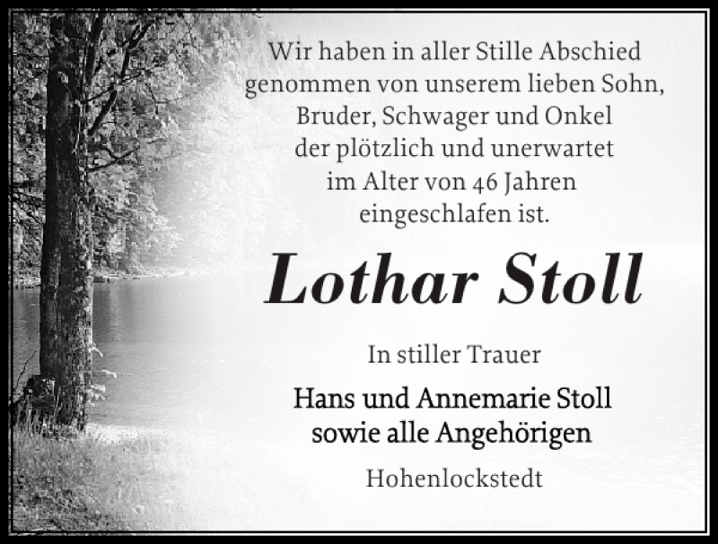  Traueranzeige für Lothar Stoll vom 10.11.2012 aus Norddeutsche Rundschau
