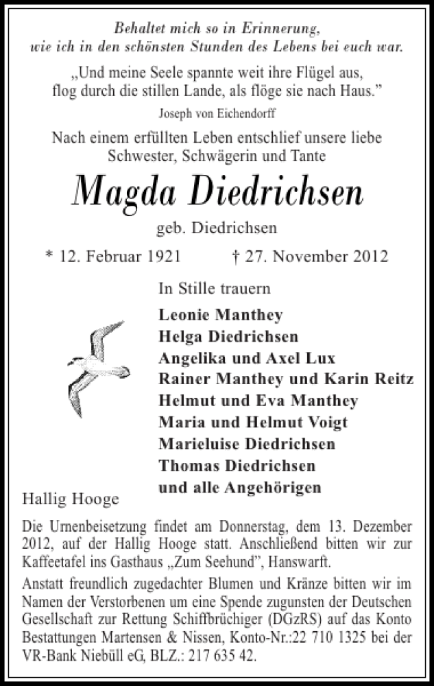  Traueranzeige für Magda Diedrichsen vom 30.11.2012 aus Husumer Nachrichten