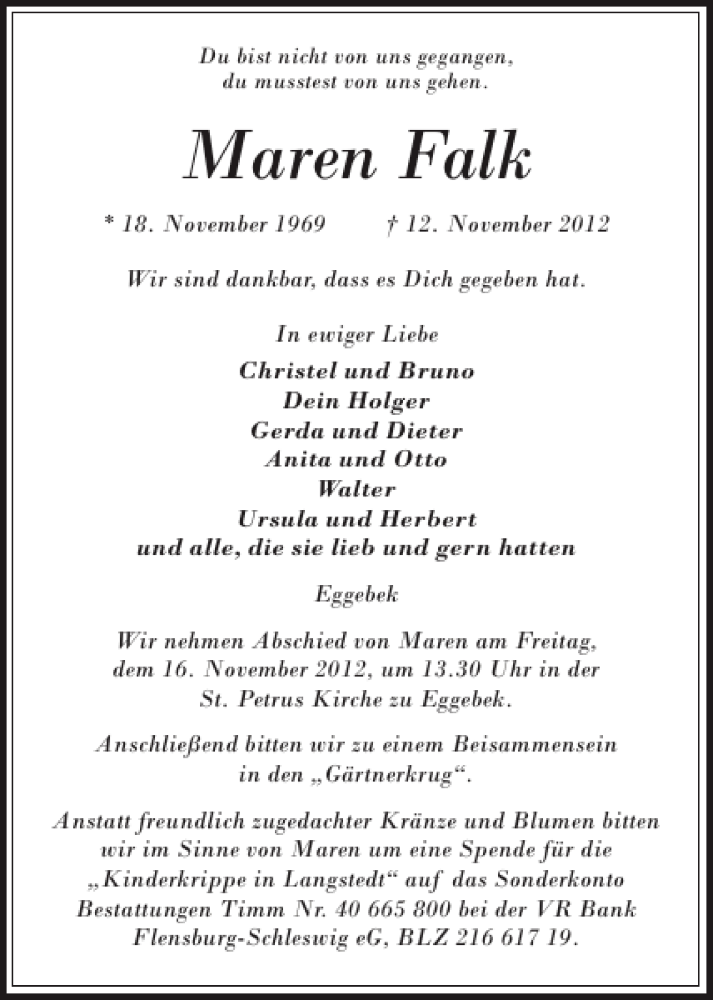  Traueranzeige für Maren Falk vom 13.11.2012 aus Flensburger Tageblatt