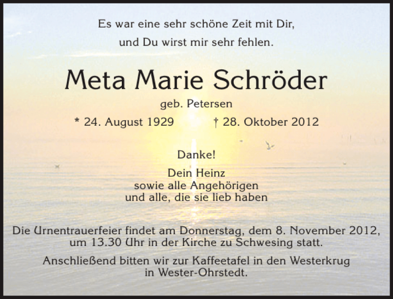  Traueranzeige für Meta Marie Schröder vom 03.11.2012 aus Husumer Nachrichten