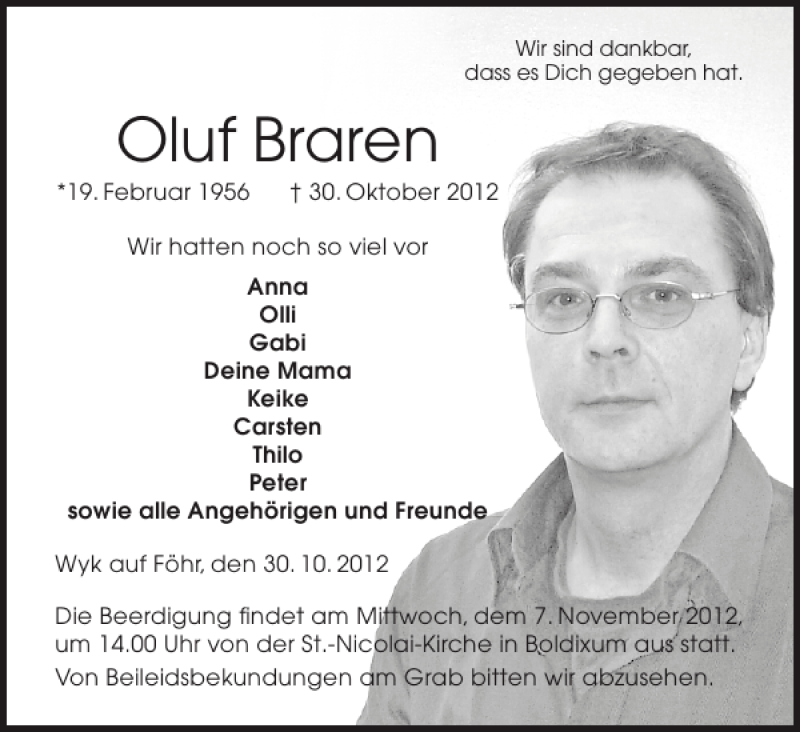  Traueranzeige für Oluf Braren vom 03.11.2012 aus Der Insel-Bote