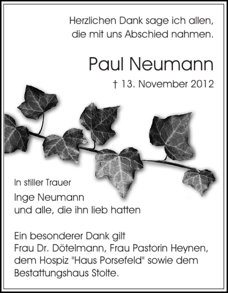  Traueranzeige für Paul Neumann vom 28.11.2012 aus Landeszeitung