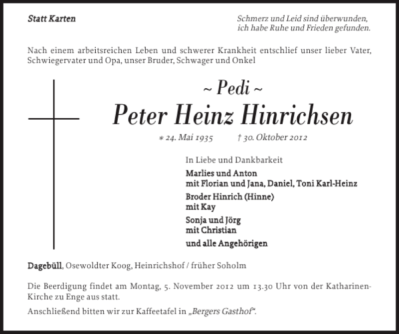  Traueranzeige für Peter Heinz Hinrichsen vom 02.11.2012 aus Nordfriesland Tageblatt