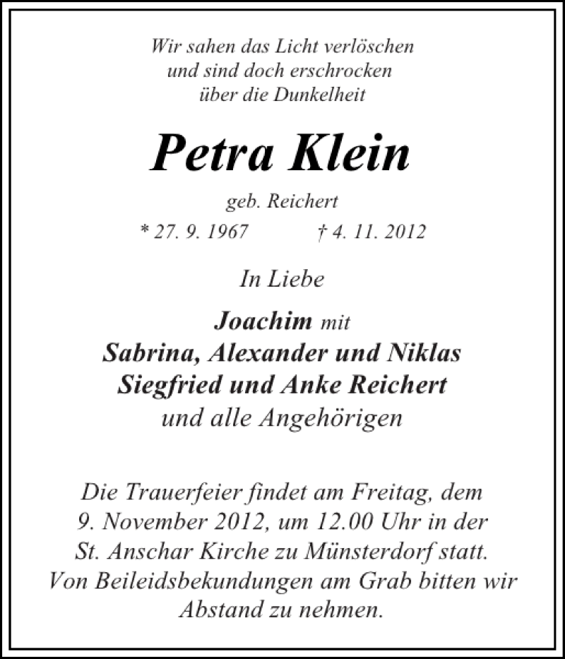  Traueranzeige für Petra Klein vom 07.11.2012 aus Norddeutsche Rundschau