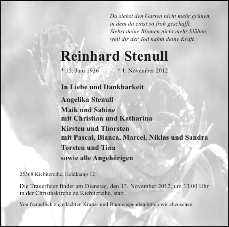  Traueranzeige für Reinhard Stenull vom 06.11.2012 aus Norddeutsche Rundschau