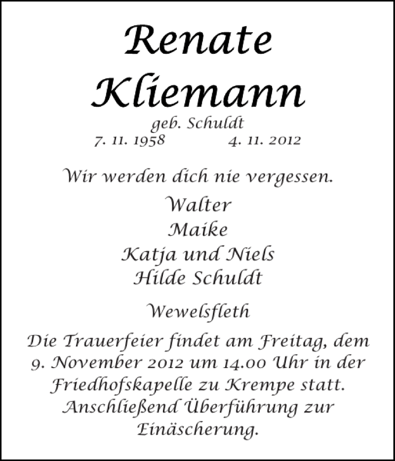  Traueranzeige für Renate Kliemann vom 06.11.2012 aus Norddeutsche Rundschau
