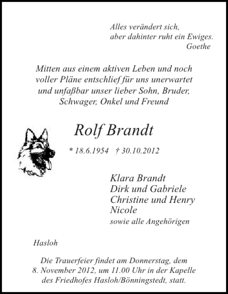  Traueranzeige für Rolf Brandt vom 06.11.2012 aus Pinneberger Tageblatt