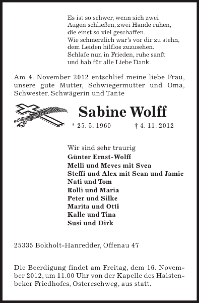 Traueranzeige für Sabine Wolff vom 10.11.2012 aus Pinneberger Tageblatt