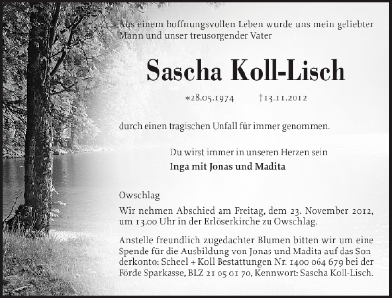  Traueranzeige für Sascha Koll-Lisch vom 20.11.2012 aus Landeszeitung