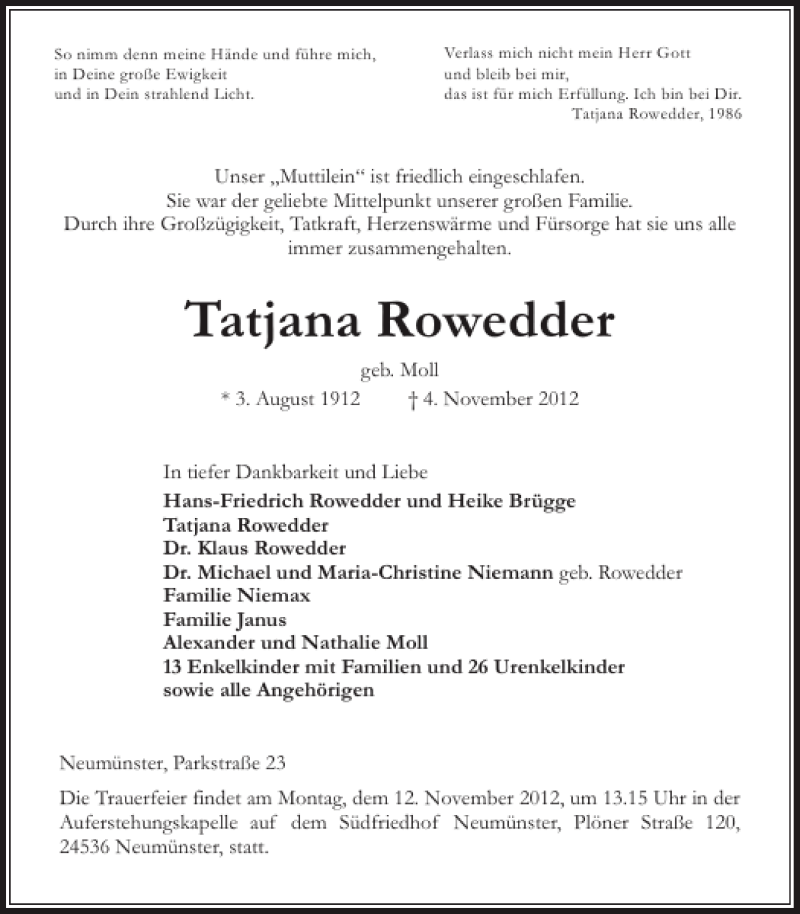  Traueranzeige für Tatjana Rowedder vom 10.11.2012 aus Holsteinischer Courier