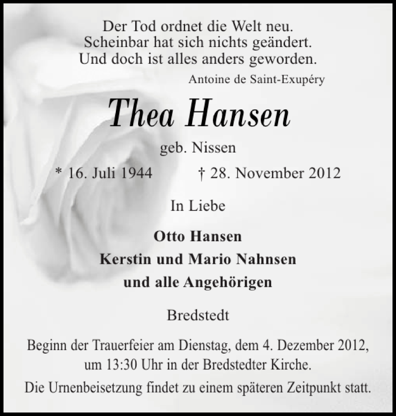  Traueranzeige für Thea Hansen vom 30.11.2012 aus Husumer Nachrichten