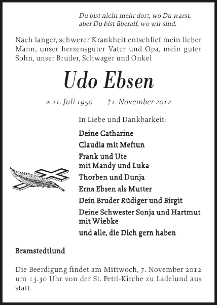  Traueranzeige für Udo Ebsen vom 03.11.2012 aus Nordfriesland Tageblatt