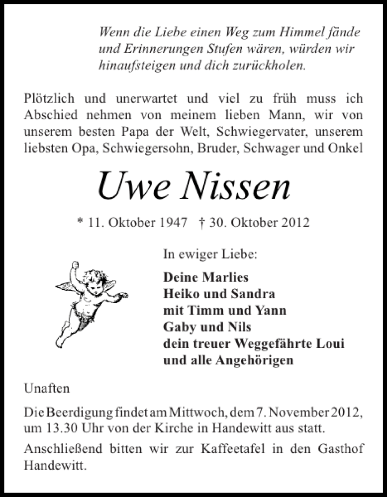  Traueranzeige für Uwe Nissen vom 02.11.2012 aus Flensburger Tageblatt