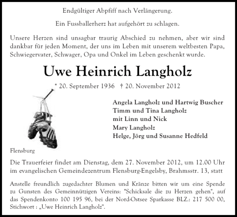  Traueranzeige für Uwe Heinrich Langholz vom 23.11.2012 aus Flensburger Tageblatt