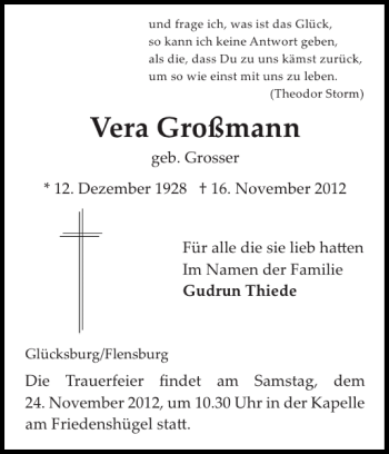 Traueranzeige von Vera Großmann von Flensburger Tageblatt