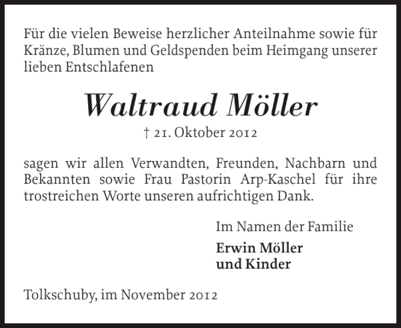  Traueranzeige für Waltraud Möller vom 10.11.2012 aus Schleswiger Nachrichten