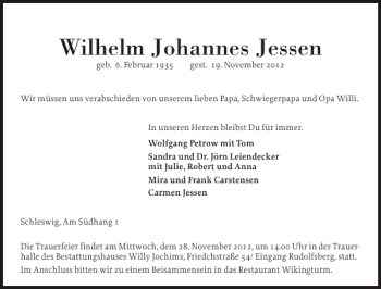 Traueranzeige von Wilhelm Johannes Jessen von Schleswiger Nachrichten