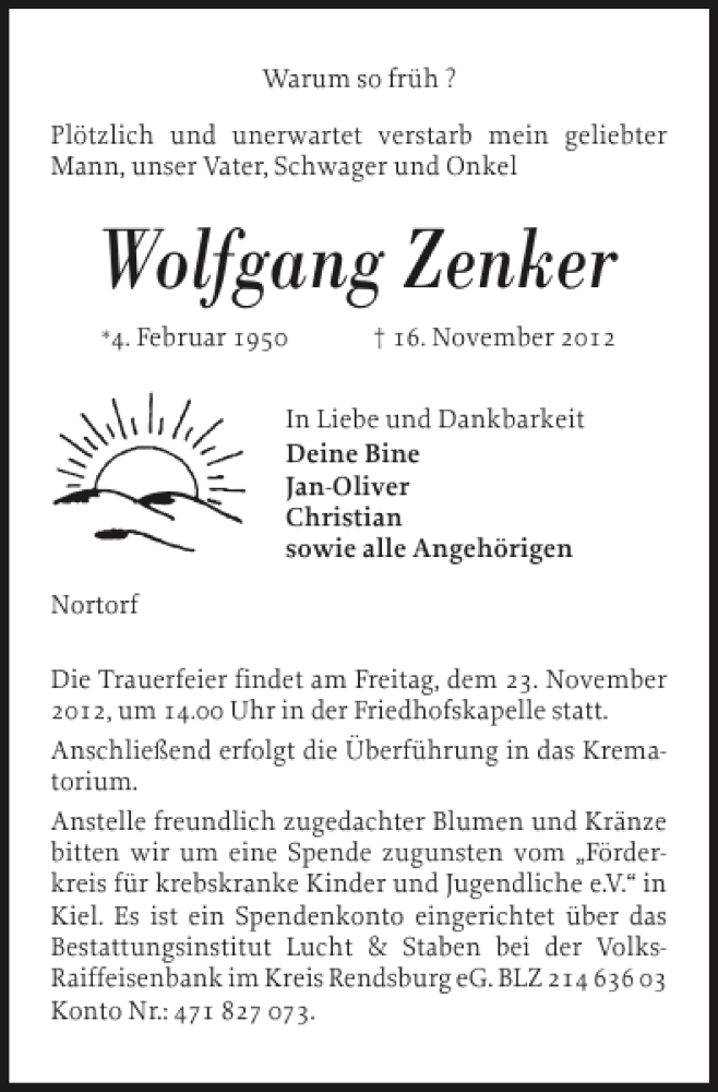  Traueranzeige für Wolfgang Zenker vom 19.11.2012 aus Landeszeitung