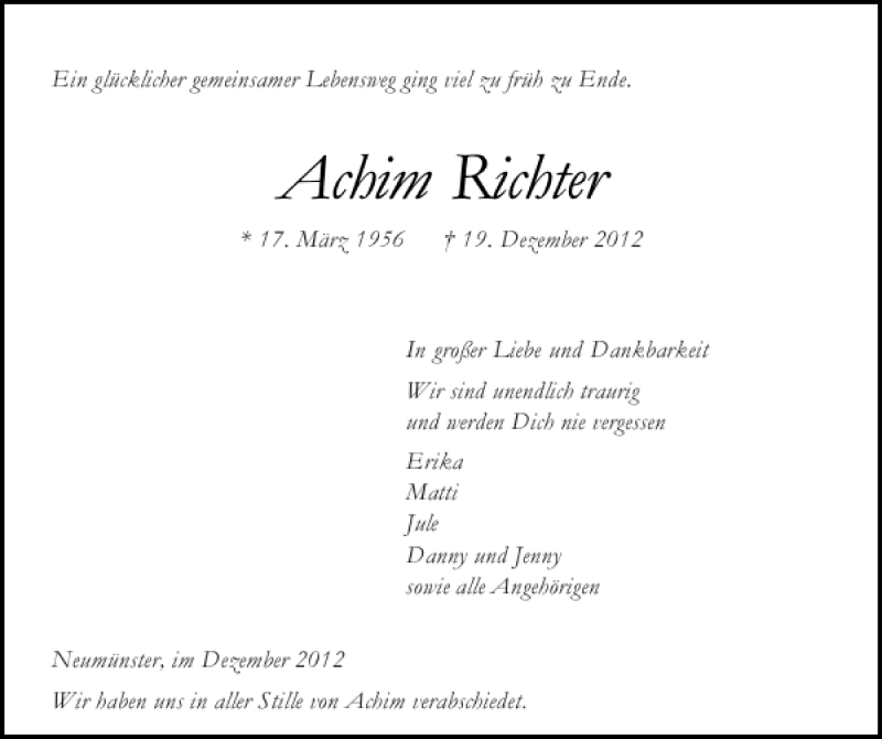  Traueranzeige für Achim Richter vom 29.12.2012 aus Holsteinischer Courier