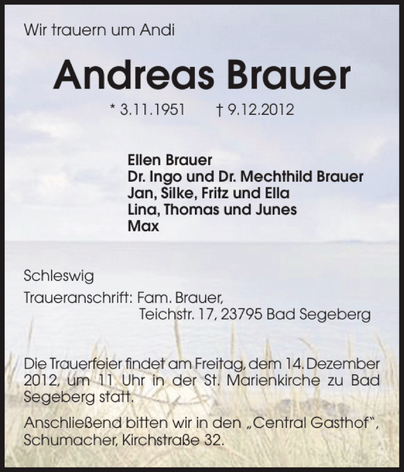  Traueranzeige für Andreas Brauer vom 12.12.2012 aus Schleswiger Nachrichten