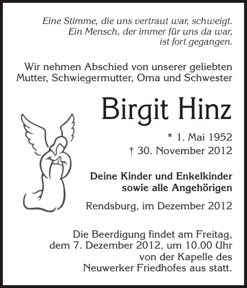  Traueranzeige für Birgit Hinz vom 06.12.2012 aus Landeszeitung