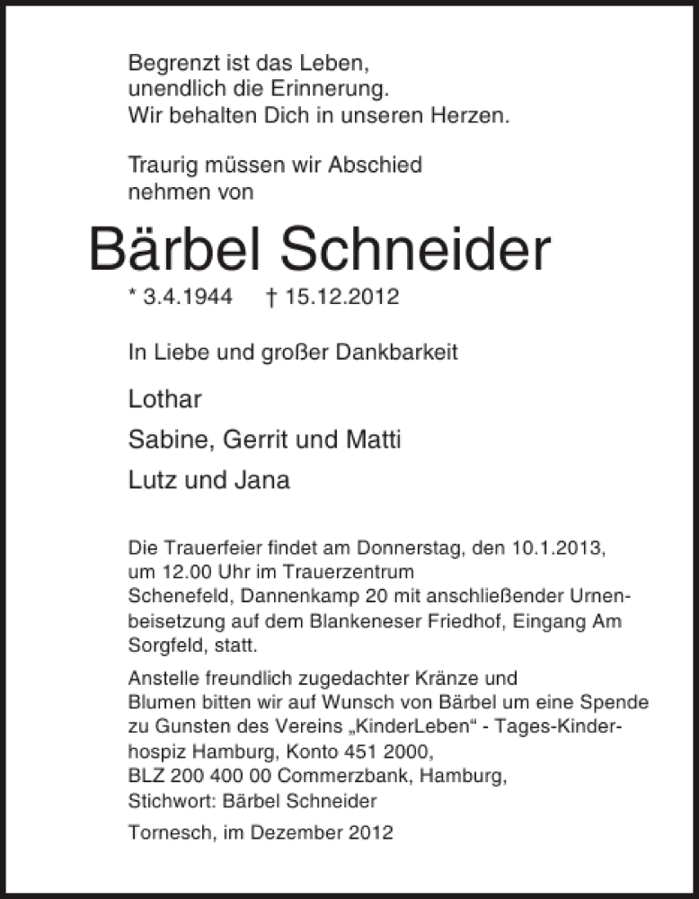  Traueranzeige für Bärbel Schneider vom 22.12.2012 aus Pinneberger Tageblatt