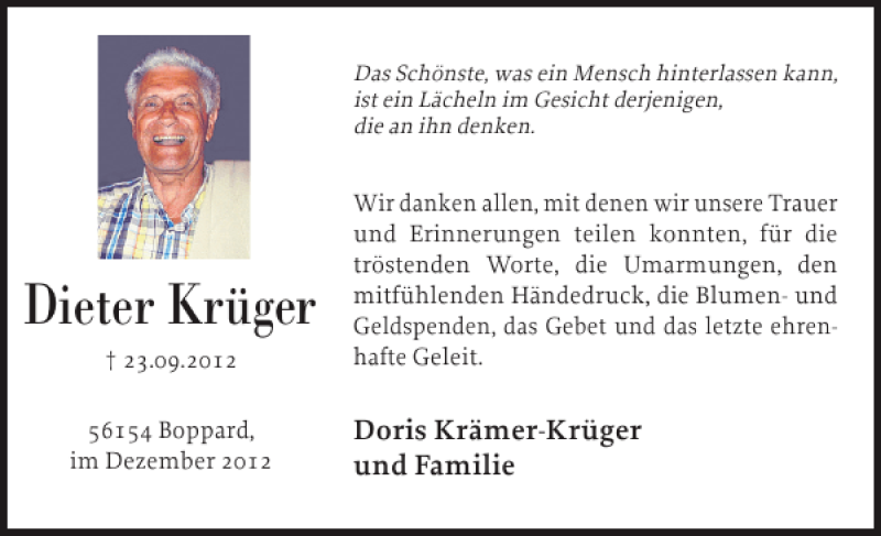  Traueranzeige für Dieter Krüger vom 08.12.2012 aus Eckernförder Zeitung
