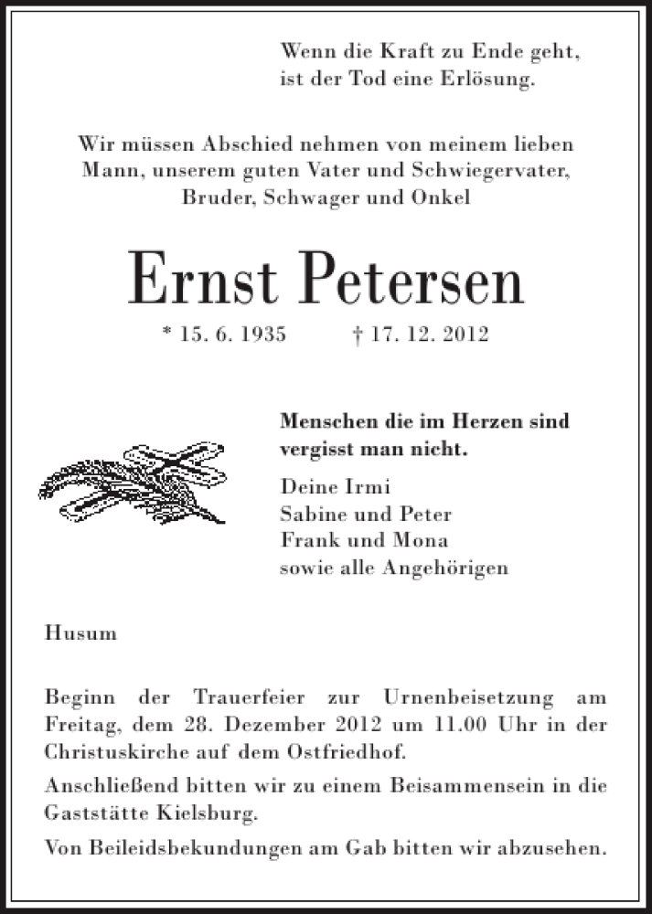  Traueranzeige für Ernst Petersen vom 21.12.2012 aus Husumer Nachrichten