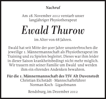 Traueranzeige von Ewald Thurow von Landeszeitung