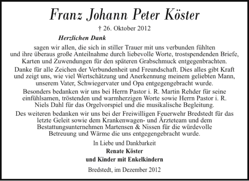  Traueranzeige für Franz Johann Peter Köster vom 01.12.2012 aus Husumer Nachrichten