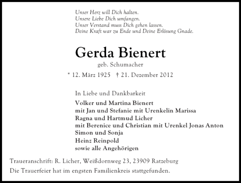 Traueranzeige für Gerda Bienert vom 28.12.2012 aus Ostholsteiner Anzeiger