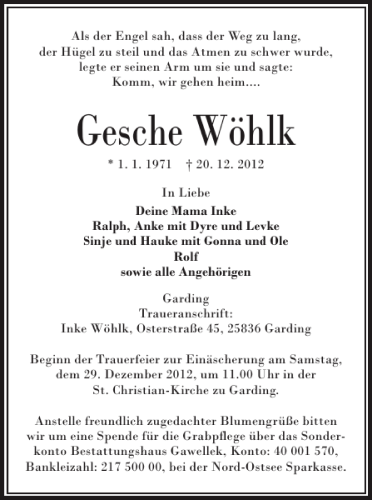  Traueranzeige für Gesche Wöhlk vom 27.12.2012 aus Schleswiger Nachrichten