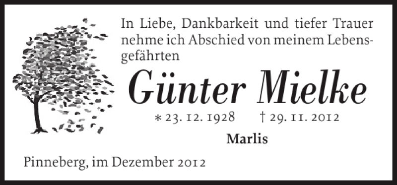  Traueranzeige für Günter Mielke vom 22.12.2012 aus Pinneberger Tageblatt