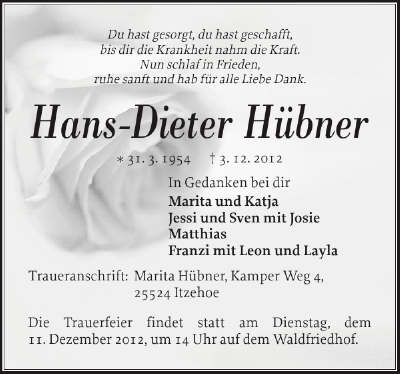  Traueranzeige für Hans-Dieter Hübner vom 07.12.2012 aus Norddeutsche Rundschau