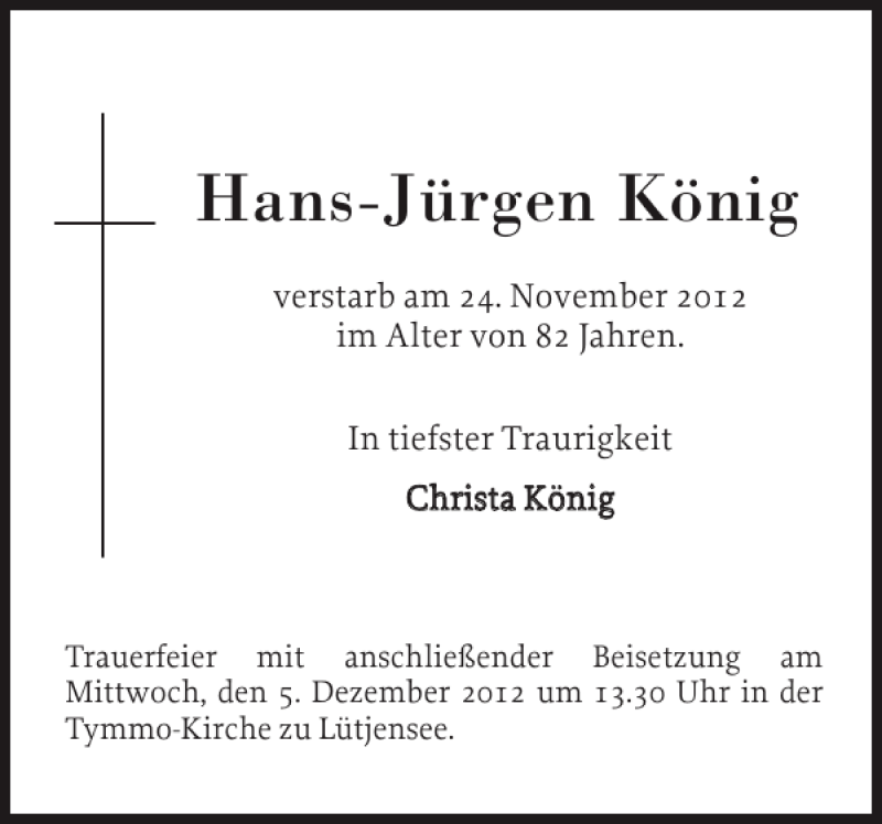  Traueranzeige für Hans-Jürgen König vom 01.12.2012 aus Stormarner Tageblatt