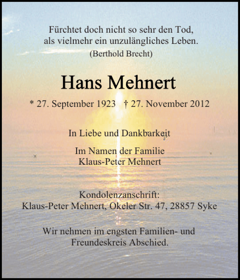  Traueranzeige für Hans Mehnert vom 01.12.2012 aus Norddeutsche Rundschau