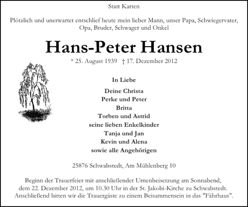  Traueranzeige für Hans-Peter Hansen vom 19.12.2012 aus Husumer Nachrichten