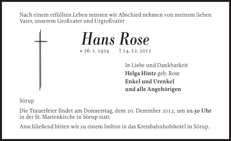  Traueranzeige für Hans Rose vom 17.12.2012 aus Flensburger Tageblatt