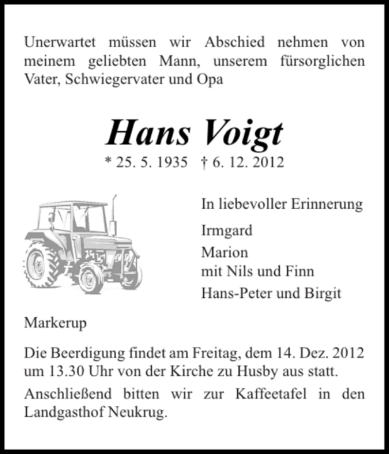  Traueranzeige für Hans Voigt vom 10.12.2012 aus Flensburger Tageblatt