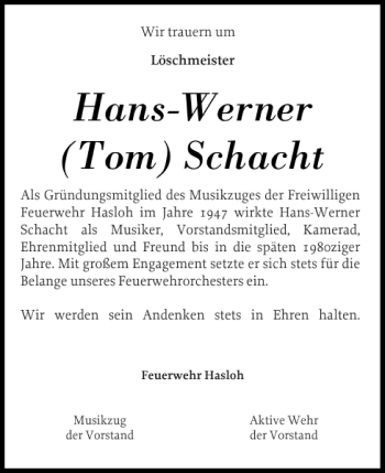 Traueranzeige von Hans-Werner Schacht von Pinneberger Tageblatt