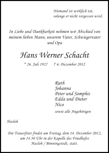 Traueranzeige von Hans Werner Schacht von Pinneberger Tageblatt