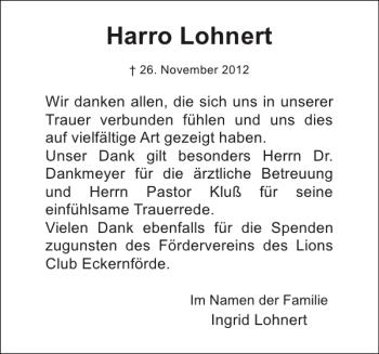 Traueranzeige von Harro Lohnert von Eckernförder Zeitung