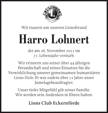 Traueranzeige von Harro Lohnert von Eckernförder Zeitung
