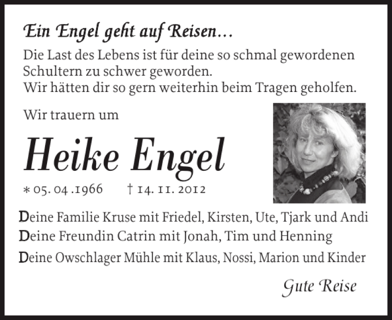  Traueranzeige für Heike Engel vom 01.12.2012 aus Landeszeitung
